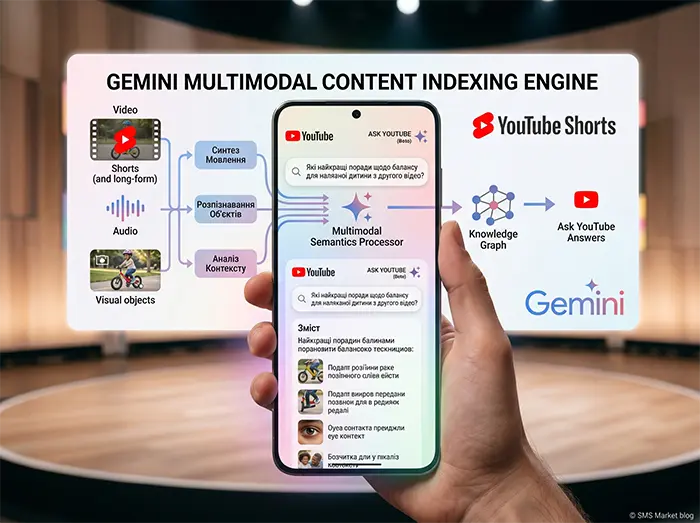 Новий ШІ-пошук Ask YouTube на базі Gemini 2026 Презентація штучного інтелекту Ask YouTube від Google для розумного пошуку відео та Shorts на екрані сучасного смартфона.